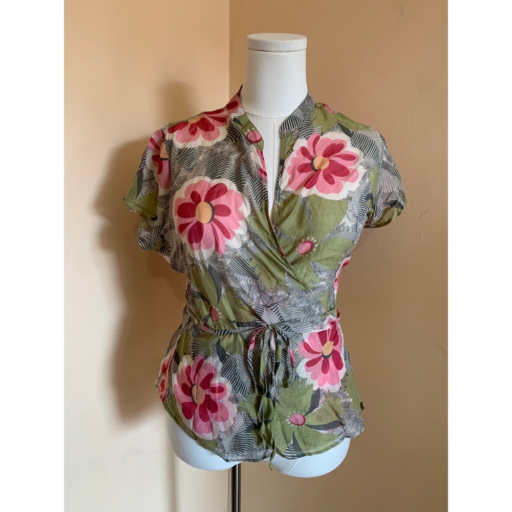 Jigsaw Floral Cotton Silk Wrap Blouse Green Pink Short Sleeve UK 14 Lightweight